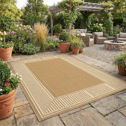 GAOMON Waterproof Outdoor Rug for Patios 9x12 Reversible Plastic Straw Area Rug, Indoor Outdoor Large RV Camping Carpet Mat for Picnic, Backyard, Deck, Balcony, Porch, Beach,Border-Beige by GaoMon