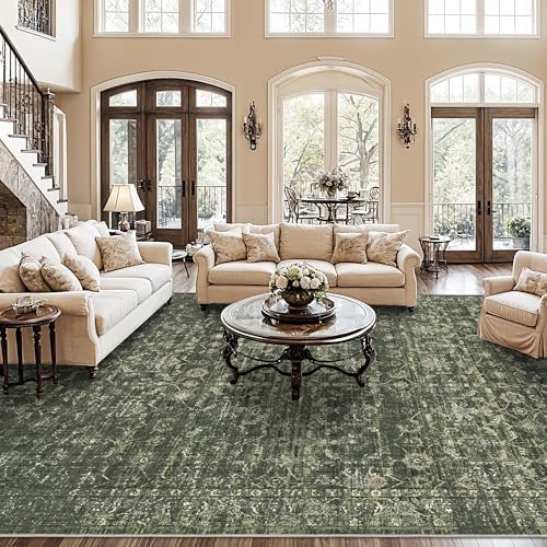 10x12 Washable Living Room Area Rug Soft Boho Dark Green Large Carpet by HOME