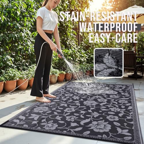 OLANLY Outdoor Rug 9x12 ft Waterproof Reversible Floral Mat, Black & Grey - Image 3