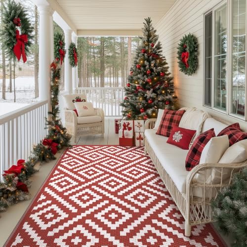 GENIMO Outdoor Rug, Waterproof Plastic Rugs for Patio, 6'x9' Red White - Image 5