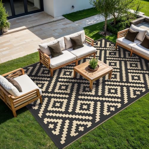 GENIMO Outdoor Rug, Waterproof Plastic Rugs for Patio, 8'x10' Black Beige - Image 2