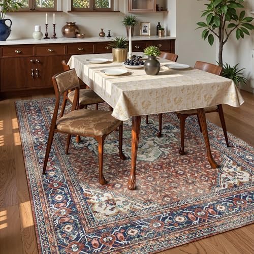 Washable Area Rug 3' x 5 ' Vintage Traditional Persian Mat - Foldable Distressed Non-Slip Machine Washable Carpet for Living Room Bedroom Kitchen Home Decor - Terracotta and Navy - Image 3