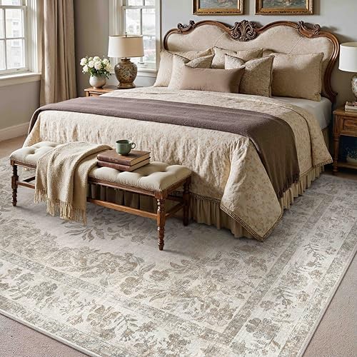 PureCozy 7x9 Washable Area Rug Living Room Cream Beige Vintage Large Carpet - Image 4