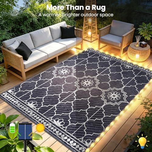 Lighted Outdoor Rug 8x10 ft, Solar Powered Patio Rug with 113 LED Lights, Waterproof Plastic Reversible Outdoor Straw Rugs, Rugs Mat for House Deck RV Camping Patio Beach Balcony Picnic (Blue White) - Image 3