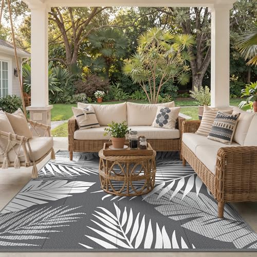 GENIMO Outdoor Rug, Waterproof Plastic Rugs for Patio, 9'x12' Grey White - Image 5