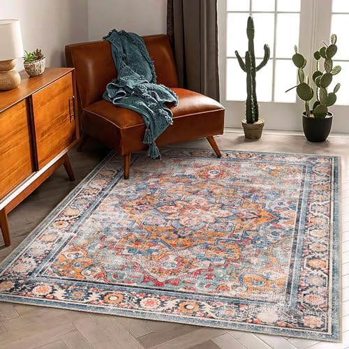 CHAMPLANT 6'x9' Washable Vintage Area Rug Boho Chic Medallion Distressed Design Non-Shedding Easy Care Ideal for High Traffic Areas in Living Room Bedroom Kitchen Office Large Carpet - Image 3