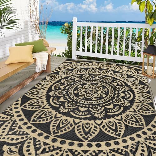 Bsmathom Waterproof Outdoor Rug 6'x9' Reversible Boho Plastic Straw Patio Deck Camping Rugs, Indoor Outdoor Portable RV Mat Clearance Carpet for Outside, Porch, Balcony, Backyard, Beach, Pool,Black - Image 3