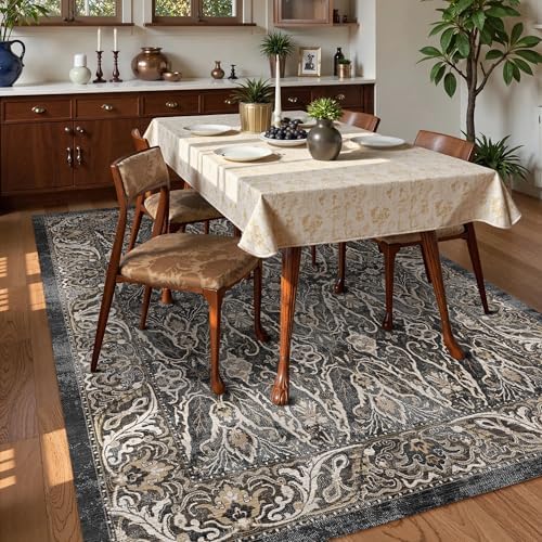 Washable Area Rug 9' x 12' Vintage Traditional Persian Mat - Foldable Distressed Non-Slip Machine Washable Carpet for Living Room Bedroom Kitchen Home Decor - Ebony and Taupe - Image 3