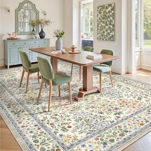 9x12 Area Rugs, Machine Washable Low Pile Floral Rugs for Living Room, Bedroom, Large Boho Area Rug with Non-Slip Backing for Dining Room(Beige Floral) - Image 3