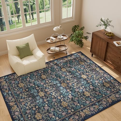 DUKINO 5x7 Area Rugs, Vintage Floral Washable Rug for Living Room Dark Blue - Image 2