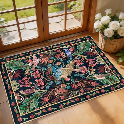 nesrt Bird Area Rug Small 2x3Ft Non Slip,Washable Botanical Entryway Door Mat Indoor, Boho Jungle Bedroom Throw Rugs Soft Kitchen Laundry Floor Mat for Doorway Bathroom Farmhouse Doormat, Dark Green by nesrt