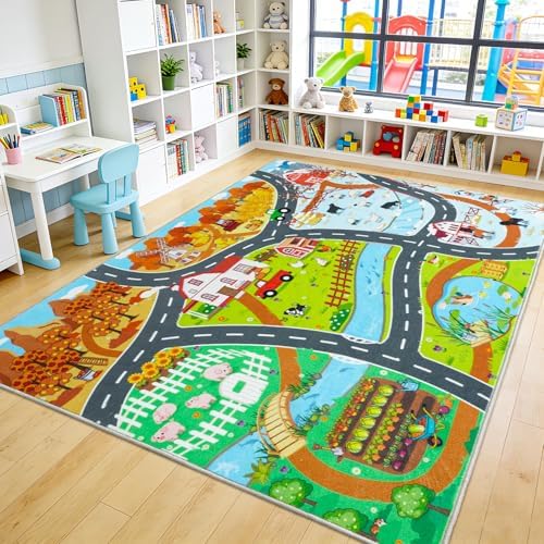Car Rug Play Mat for Kids Toy Cars, 8' x 10' Town Country Barn Track Rug - Image 3