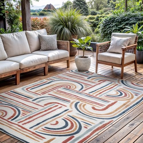 CAMILSON Indoor Outdoor Rug, Multicolor 6x9 Geometric Arch Striped Area Rugs for Patio and Home Areas, Easy-Cleaning Non-Shedding Living Room, Garden and Deck Washable Outside Carpet (6 x 9) by CAMILSONIndoorOutdoorAreaRugs