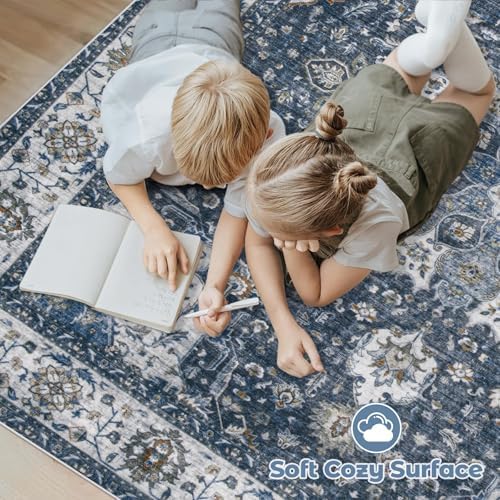 Area Rug 6x9 Washable Rug, Vintage Boho Medallion Rugs Non-Slip Soft Low Pile Large Distressed Rug Indoor Retro Carpet for Living Room Bedroom Dining Room Home Office (Vintage Blue, 6'x9') - Image 4