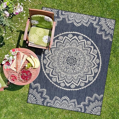 CAMILSON Outdoor Rug 8x10 Modern Area Rugs for Indoor and Outdoor Patios and Porches - Waterproof, Washable, Non-Shedding, Easy-to-Clean Outside Carpet (8 x 10, Medallion - Blue/White) by CAMILSONIndoorOutdoorAreaRugs