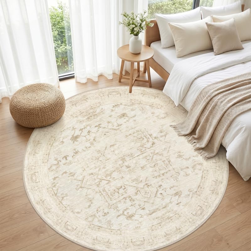 Round Area Rug Living Room: 6ft Washable Carpet Beige/Brown - Image 4