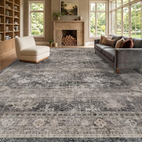 Modern 10x12 Large Area Rugs for Living Room, Charcoal Stone Minimalist Oriental Washable Boho Black Rug for Bedroom Under Bed with Distressed Geometric Design, Stain Resistant Low Pile Non-Slip - Image 3