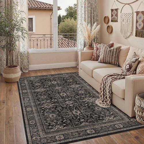 Schweek 4x6 Vintage Floral Washable Area Rug Non-Slip Entryway Rugs Black - Image 3