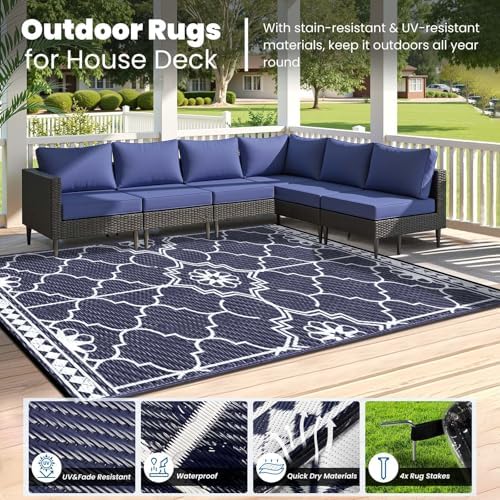 Outdoor Rug 6x9Ft, Waterproof Outdoor Patio Rug for House Deck Reversible Plastic Straw Mat for RV Camping Picnic Beach Balcony (Blue White) - Image 3
