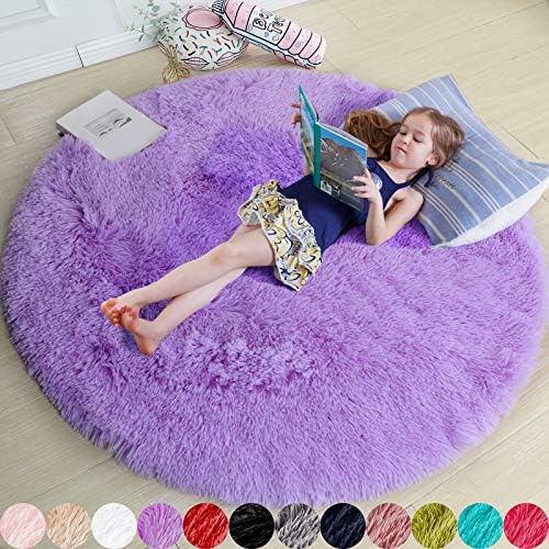 Amdrebio Purple Fluffy Round Kids Area Rug 5Ft for Girls Bedroom Nursery by Amdrebio
