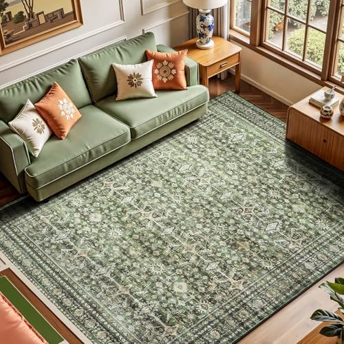 6x9 Area Rugs for Living Room Bedroom, Green Washable Non-Slip Carpet by Lofus