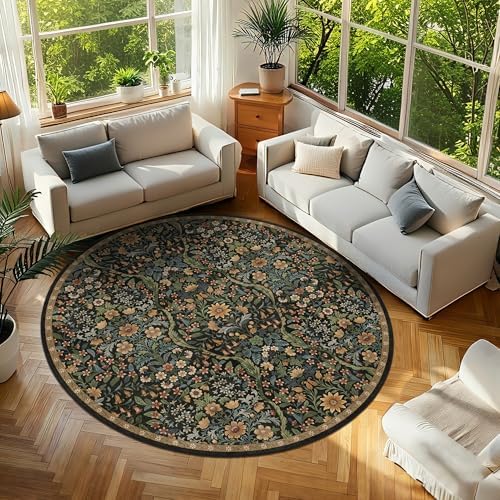 Round Rug 7ft Floral Circle Rug Brown Botanical Indoor Area Rugs by NakedCloud