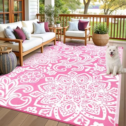 Findosom Waterproof Outdoor Rug 6' x 9' - Reversible Mandala Outdoor Plastic Straw Rug, Durable Foldable Patio Rug for RV, Deck, Balcony, Backyard, Picnic, Porch, Camping, Beach, Pink by Findosom