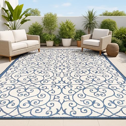 JONATHAN Y Vintage Filigree Indoor Outdoor Area Rug 3X5 Navy/Beige, Madrid Textured Weave for Backyard, Patio, Porch, Easy-Cleaning, High Traffic, Pet-Friendly, Non-Shedding (SMB107G-3) by JONATHANY