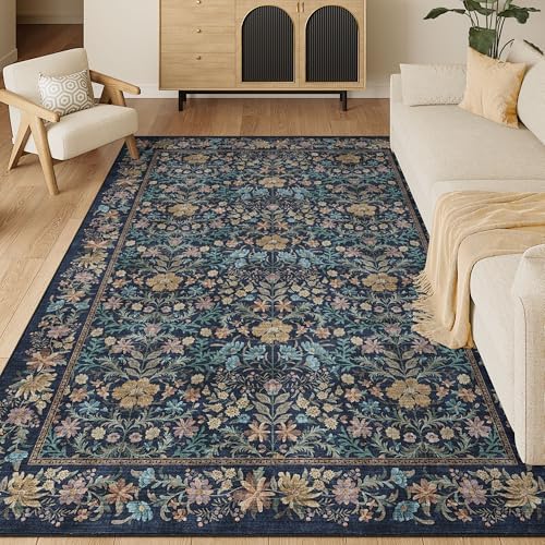 DUKINO 5x7 Area Rugs, Vintage Floral Washable Rug for Living Room Dark Blue by DUKINO