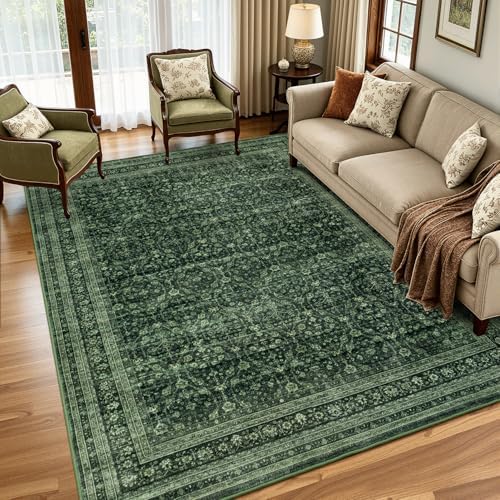 Moss Green 6x9 Area Rugs for Living Room, Vintage Washable Boho Rug by Vibrug