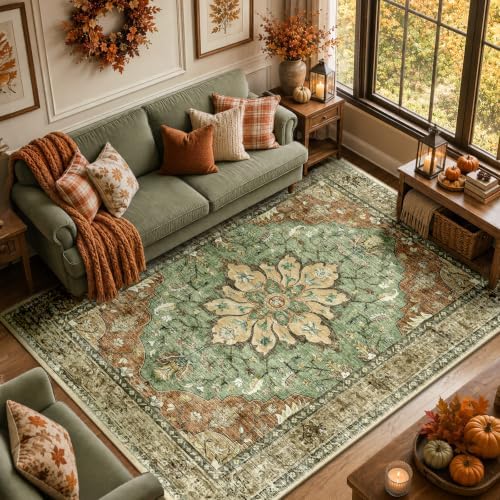 RELEANY Washable Area Rug, 8'x10', Brick/Brown/Green by RELEANY