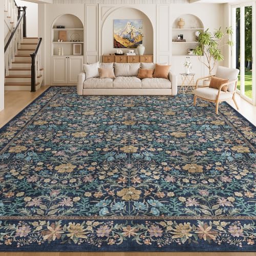 DUKINO 10x14 Rug for Living Room Washable Vintage Floral Area Rug Dark Blue by DUKINO