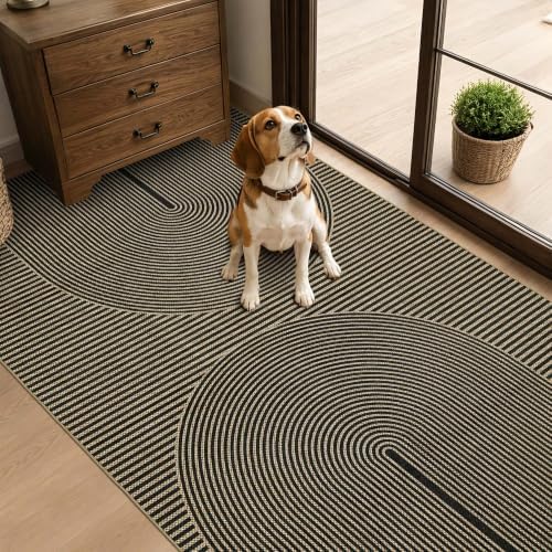 Non-Slip Jute Rug for Entryway: 3x5 Outdoor Mat - Black Curve Pattern by Arvenchy