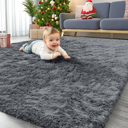 OLANLY Area Rugs for Living Room Bedroom, Machine Washable 4x5.9 ft Soft Fluffy Shaggy Bedside Rug, Indoor Floor Carpet for Kids Girls and Boys, Dorms, Nursery Rooms, Home Decor Aesthetic, Grey by OLANLY