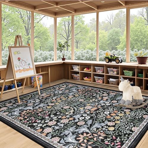 PLHXFR 6x9 Area Rug Living Room: Floral Washable Boho Carpet Dark Black - Image 5