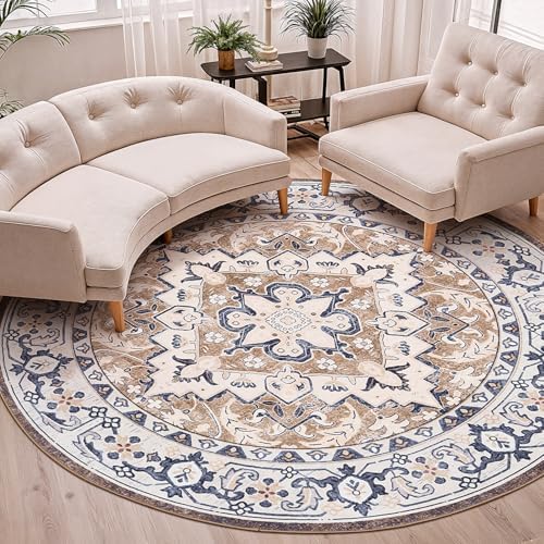 Lofus 6ft Round Area Rugs for Living Room, Vintage Boho Carpet Floral Brown by Lofus
