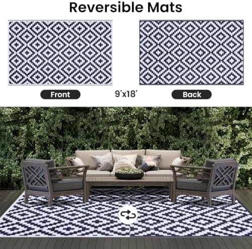 Smiry Outdoor Rug 9x18 ft Waterproof Reversible Boho Mat, White & Navy - Image 3