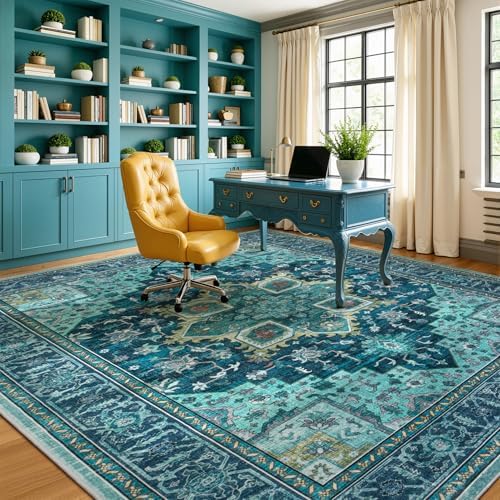 9x12 Turquoise Large Area Rugs for Living Room, Boho Washable Rug - Image 5