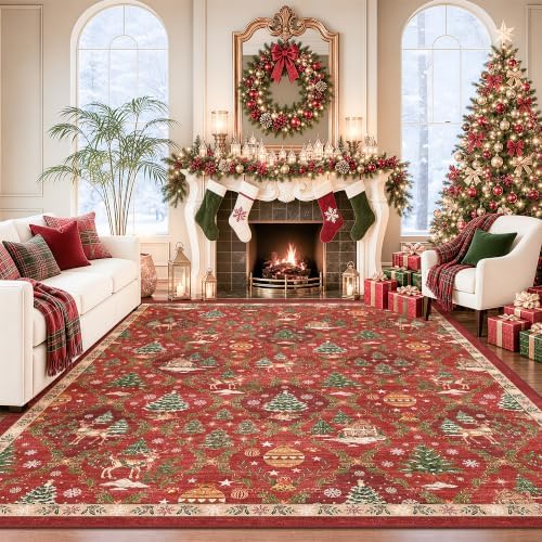 Christmas 8x10 Area Rugs for Living Room, Red Washable Xmas Bedroom Rug by Soalmost