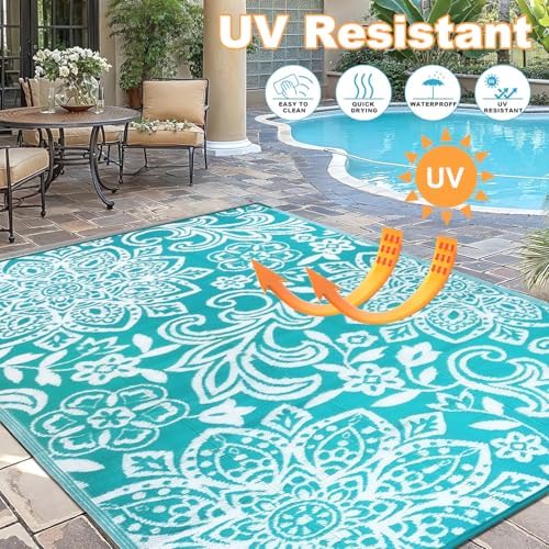 Findosom Waterproof Outdoor Rug 6' x 9' - Reversible Mandala Outdoor Plastic Straw Rug, Durable Foldable Patio Rug for RV, Deck, Balcony, Backyard, Picnic, Porch, Camping, Beach, Blue - Image 4