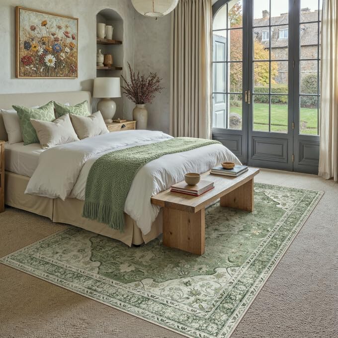 PureCozy Sage Green Area Rug 9x12 Living Room Vintage Non-Slip Carpet - Image 3
