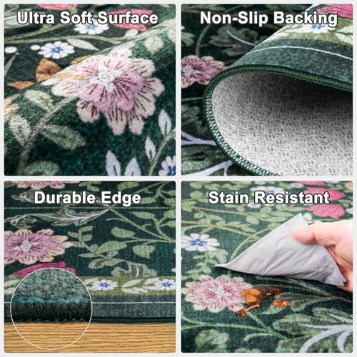PLHXFR 8x10 Area Rug Living Room: Floral Washable Boho Carpet Dark Green - Image 6