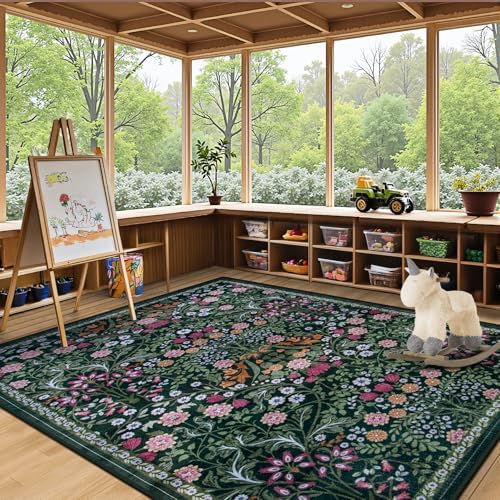 PLHXFR Area Rug Living Room: 5x7 Floral Washable Boho Carpet Dark Green - Image 5