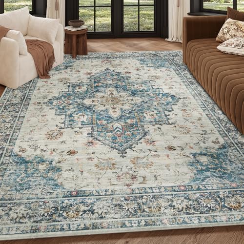 6x9 Blue Washable Area Rug for Living Room, Vintage Print by Unknown