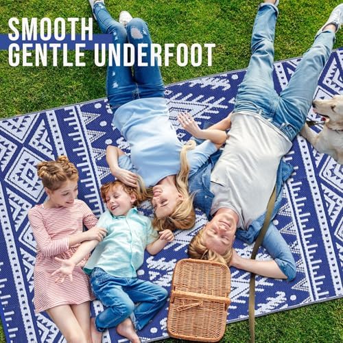 OLANLY Outdoor Rug 9x12 ft Waterproof Reversible Boho Mat, Blue & White - Image 5