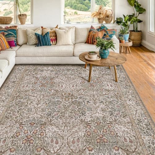 5x7 Washable Moss Green Oriental Area Rug for Living Room - Dining Room Rugs for Under Table, Home Office, Low Pile Non-Slip Floor Carpet for Bedroom - Vintage Brown Design & Stain Resistance Carpet by HazoHaus