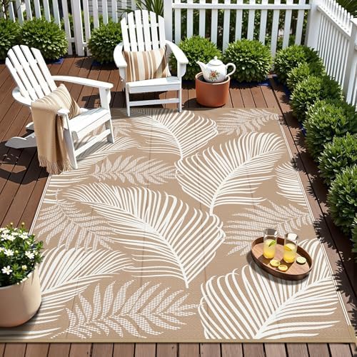 Pauwer Waterproof Outdoor Rug 5x8, Plastic Straw Patio Rug, Leaf Brown - Image 5