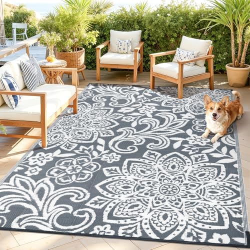 Findosom Waterproof Outdoor Rug 6' x 9' - Reversible Mandala Outdoor Plastic Straw Rug, Durable Foldable Patio Rug for RV, Deck, Balcony, Backyard, Picnic, Porch, Camping, Beach, Gray - Image 5