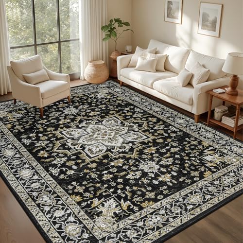 10x12 Area Rugs Living Room: Washable Rug for Bedroom Black Gold - Image 2