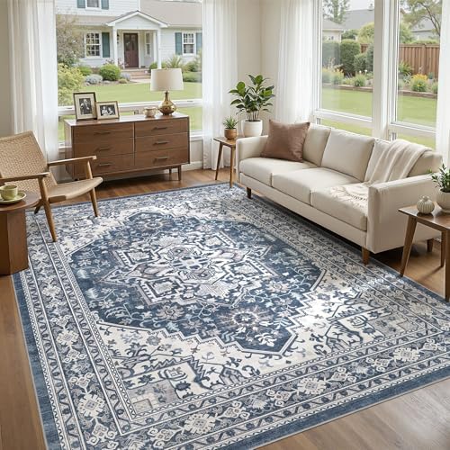 UERMEI 10x12 Area Rug for Living Room - Washable Vintage Carpet, Non-Slip Soft Large Indoor Floor Rugs for Bedroom Home Office & Under Dining Table Decor, Denim Blue/White by UERMEI